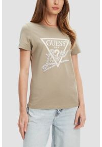 Guess - GUESS Zielony damski t-shirt Pearls Love. Kolor: zielony