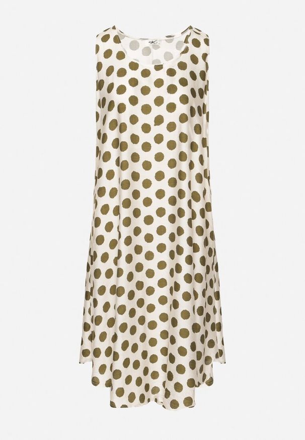 Born2be - Zielono-Beżowa Sukienka o Pudełkowym Kroju Bez Rękawów w Kropki Fevasine. Okazja: na co dzień. Kolor: zielony. Długość rękawa: bez rękawów. Wzór: kropki. Styl: casual, elegancki, klasyczny