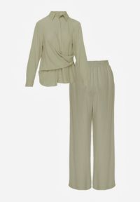 Renee - Zielony Komplet z Wiskozy Spodnie Szerokie i Koszula z Ozdobnym Materiałem Airial. Kolor: zielony. Materiał: wiskoza, materiał #7