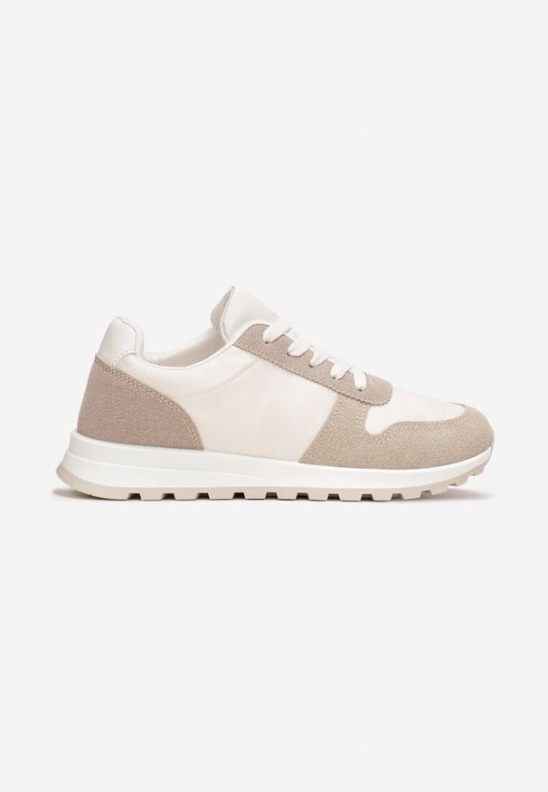 Renee - Biało-Ciemnobeżowe Sznurowane Sneakersy na Płaskiej Podeszwie z Wycięciami i Wstawkami Zaylynn. Okazja: na co dzień. Wysokość cholewki: przed kostkę. Kolor: beżowy. Materiał: materiał, skóra. Szerokość cholewki: normalna. Obcas: na płaskiej podeszwie