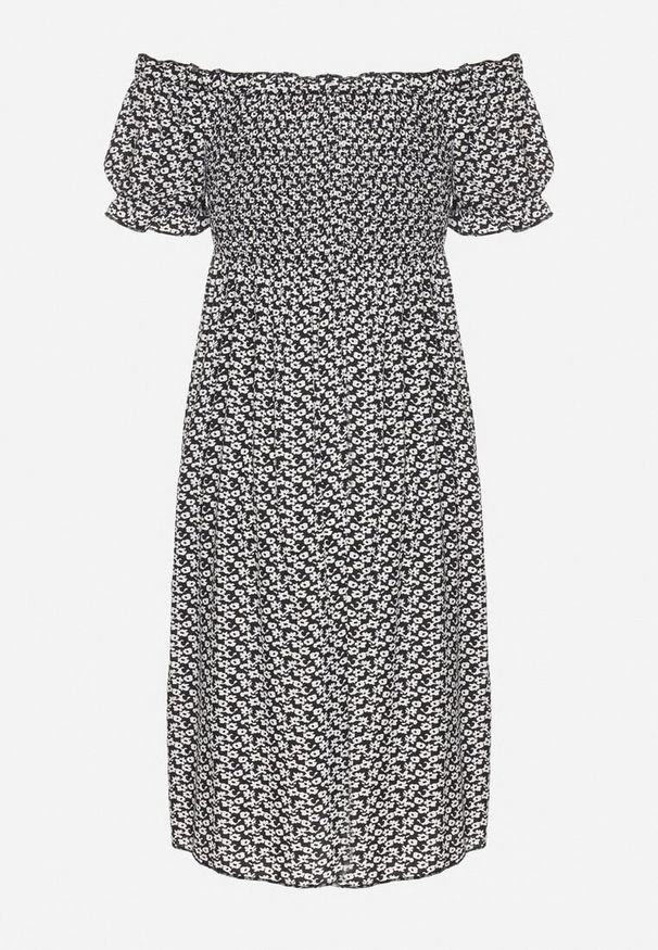 Born2be - Czarna Wiskozowa Sukienka Typu Hiszpanka w Kwiaty Lunirella. Okazja: na co dzień. Typ kołnierza: dekolt hiszpanka. Kolor: czarny. Materiał: wiskoza. Długość rękawa: krótki rękaw. Wzór: kwiaty. Sezon: lato. Styl: casual, elegancki