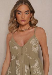 Renee - Zielony Bawełniany Top na Ramiączkach z Ozdobnym Haftem Zapinany na Guziki Linanira. Okazja: na co dzień. Typ kołnierza: dekolt w serek. Kolor: zielony. Materiał: bawełna. Długość rękawa: na ramiączkach. Wzór: haft. Styl: elegancki, casual #4