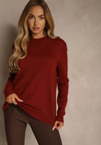 Renee - Bordowy Klasyczny Sweter z Wełną i Bawełną Meviliana. Okazja: na co dzień. Kolor: czerwony. Materiał: wełna, bawełna. Styl: klasyczny #5