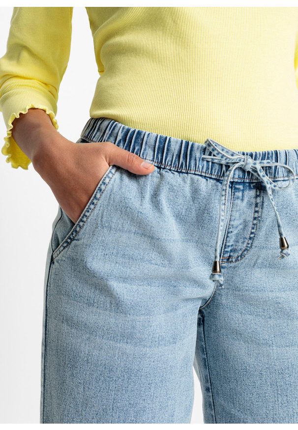 bonprix - Dżinsy barrel, średni stan, z elastyczną gumą w talii. Kolor: niebieski