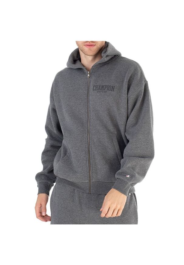 Bluza Champion Hooded Full Zip Sweatshirt 219171-EM519 - szara. Kolor: szary. Materiał: bawełna, tkanina, poliester. Wzór: napisy, aplikacja. Styl: klasyczny