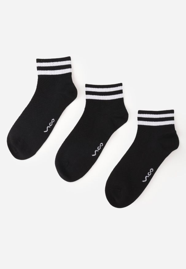 Born2be - Czarne 3-Pack Skarpety Bawełniane za Kostkę w Paski przy Ściągaczu Hossi. Kolor: czarny. Materiał: bawełna. Wzór: paski