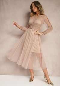 Renee - Beżowa Rozkloszowana Sukienka Midi z Tiulu z Koronką Rislaine. Kolor: beżowy. Materiał: tiul, koronka. Długość rękawa: na ramiączkach. Wzór: koronka. Sezon: lato, wiosna. Długość: midi