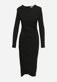 Born2be - Czarna Sukienka z Wiskozą Marszczona po Bokach z Usztywnionymi Ramionami Zeiena. Okazja: na co dzień. Kolor: czarny. Materiał: wiskoza. Długość rękawa: długi rękaw. Typ sukienki: proste. Styl: klasyczny, casual #3