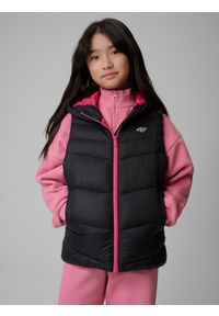 4f - 4F Bezrękawnik z wypełnieniem syntetycznym dziewczęcy - czarny 122 (6-7 lat). Okazja: na co dzień, na uczelnię, na spacer. Typ kołnierza: kołnierzyk stójkowy. Kolor: czarny. Materiał: syntetyk. Długość rękawa: bez rękawów. Sezon: lato. Styl: casual #1