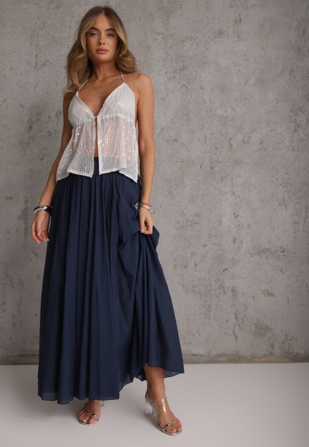 Renee - Granatowa Rozkloszowana Spódnica z Bawełny w Stylu Preppy Petrra. Okazja: na co dzień. Kolor: niebieski. Materiał: bawełna. Długość: krótkie. Styl: casual