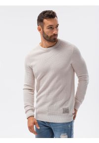 Ombre Clothing - Sweter męski E185 - beżowy - XXL. Kolor: beżowy. Materiał: bawełna, akryl. Długość rękawa: długi rękaw. Długość: długie. Wzór: aplikacja. Sezon: jesień, zima #3