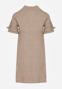 Born2be - Beżowa Sweterkowa Sukienka Trapezowa Ozdobiona Aplikacjami i Perełkami Iletusa. Okazja: na co dzień, do pracy. Kolor: beżowy. Wzór: aplikacja. Typ sukienki: trapezowe. Styl: klasyczny, casual, elegancki. Długość: midi #4