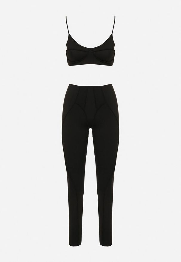 Born2be - Czarny Komplet Sportowy z Ozdobnymi Przeszyciami Legginsy i Top na Ramiączkach Filinella. Kolor: czarny. Materiał: skóra