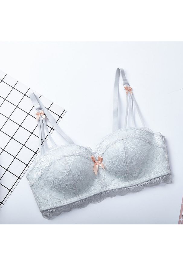 Intica - Biustonosz balkonetka push-up koronkowy z kokardkami Hafize. Kolor: szary. Materiał: koronka. Rodzaj stanika: push-up