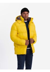 Ombre Clothing - Kurtka męska typu puffer z podszewką w kratę – żółta V3 - Rozmiar: M. Kolor: żółty. Materiał: guma, poliester, materiał, bawełna, syntetyk, nylon. Długość: długie. Wzór: aplikacja