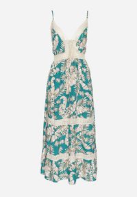 Born2be - Zielona Bawełniana Sukienka Rozkloszowana z Koronką w Tropikalny Wzór Alusela. Okazja: na co dzień. Typ kołnierza: dekolt w serek. Kolor: zielony. Materiał: bawełna, koronka. Długość rękawa: na ramiączkach. Wzór: koronka. Typ sukienki: rozkloszowane. Styl: casual, elegancki #6