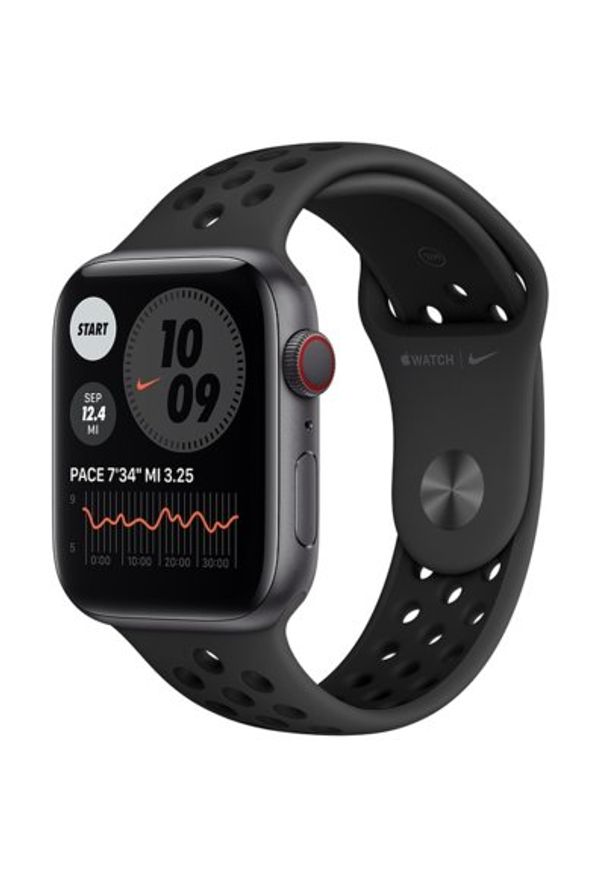 APPLE Watch 6 Cellular Nike 44mm (Gwiezdna szarość z opaską sportową w kolorze czarnym). Rodzaj zegarka: smartwatch. Kolor: czarny. Materiał: poliester, nylon, guma, materiał. Styl: sportowy