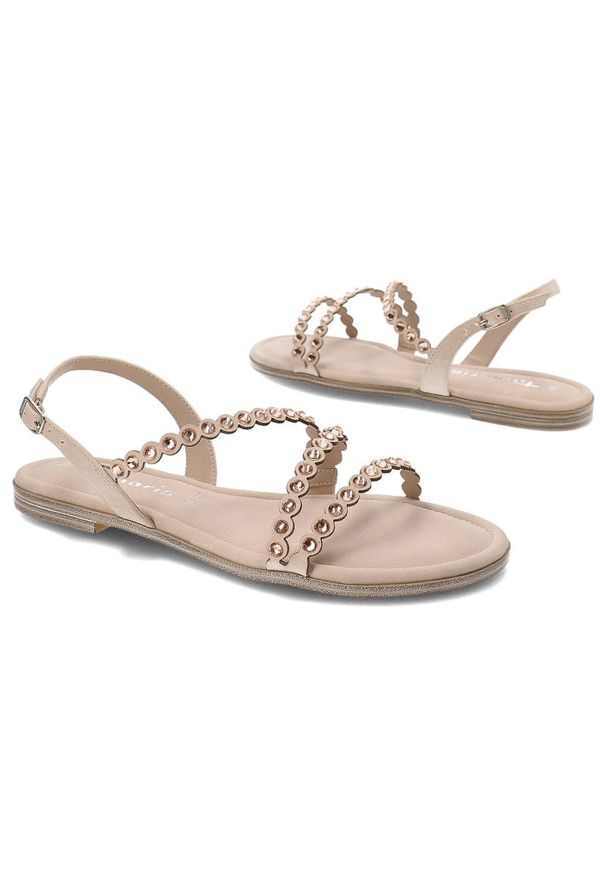 Różowe Sandały Tamaris Eleganckie Buty Damskie. Okazja: na co dzień, na spacer. Zapięcie: pasek. Kolor: różowy. Materiał: len, skóra ekologiczna. Wzór: paski, kolorowy, aplikacja. Sezon: lato. Obcas: na płaskiej podeszwie. Styl: elegancki