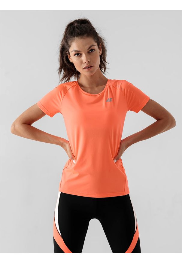 4f - Koszulka do biegania szybkoschnąca damska. Kolor: pomarańczowy. Materiał: dzianina, skóra. Długość rękawa: raglanowy rękaw. Sport: fitness