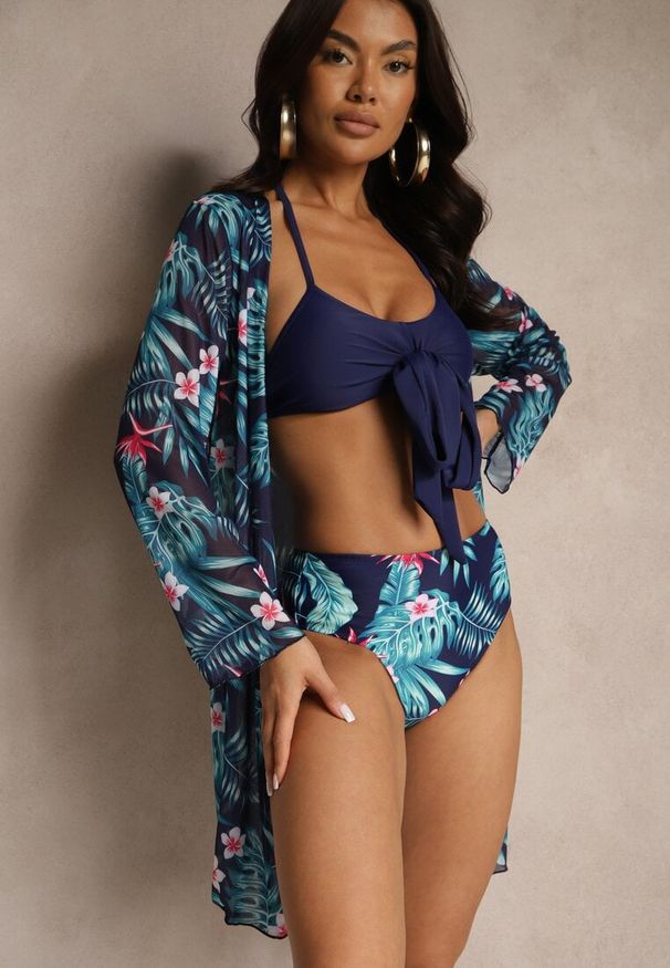 Renee - Granatowe Bikini Biustonosz z Wiązaniem i Figi z Dodatkową Siateczkową Narzutką Zarionea. Kolor: niebieski. Wzór: aplikacja