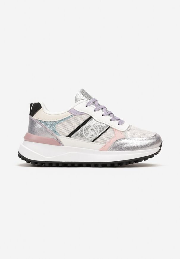 Renee - Biało-Srebrne Sznurowane Sneakersy z Brokatem i Siateczką na Grubej Podeszwie Leviria. Kolor: biały. Szerokość cholewki: normalna. Wzór: aplikacja