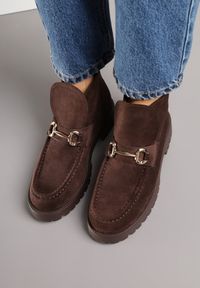 Born2be - Brązowe Botki w Stylu Mokasynów z Elegancką Aplikacją Elinney. Okazja: na co dzień. Kolor: brązowy. Materiał: jeans. Wzór: aplikacja. Styl: elegancki #7