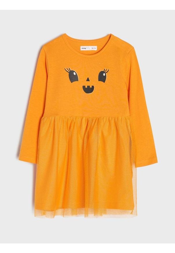 Sinsay - Sukienka - pomarańczowy. Kolor: pomarańczowy. Materiał: tiul, bawełna. Wzór: nadruk