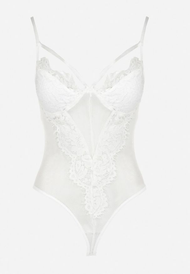 Born2be - Białe Siateczkowe Body z Koronką Goka. Kolor: biały. Materiał: koronka. Wzór: koronka