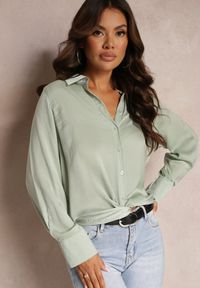 Renee - Miętowa Gładka Koszula z Mankietami i Kołnierzem Rossy. Kolor: miętowy. Materiał: jeans, skóra. Wzór: gładki