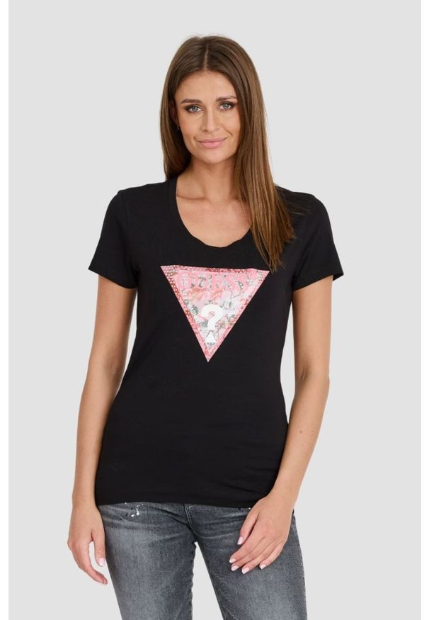 Guess - GUESS Czarny damski t-shirt Satin Triangle Tee, Rozmiar XS. Kolor: czarny