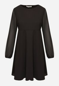 Born2be - Czarna Sukienka o Rozkloszowanym Kroju z Półtransparentnymi Rękawami Edalinne. Okazja: na co dzień, do pracy. Kolor: czarny. Materiał: skóra. Typ sukienki: proste. Styl: casual, elegancki #6