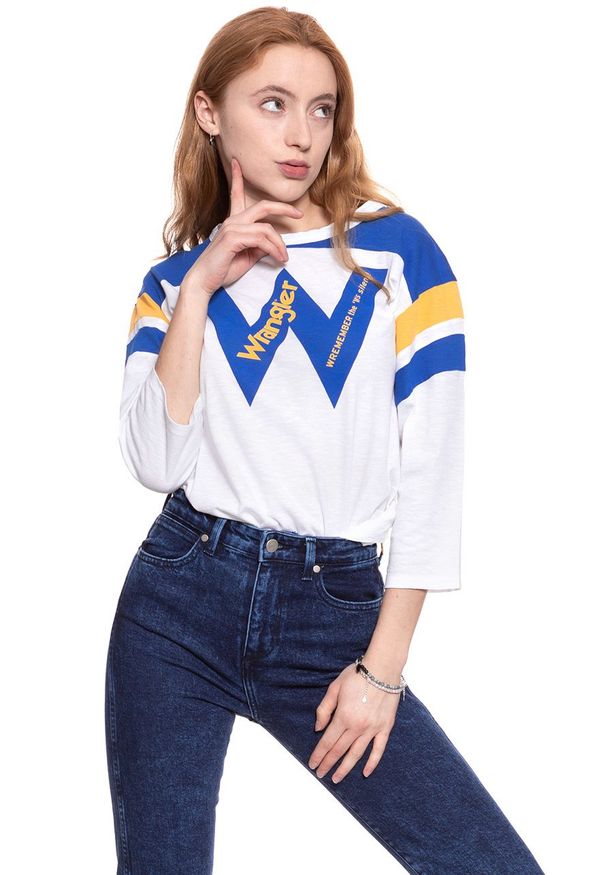 Wrangler - WRANGLER T SHIRT DAMSKI B&Y LS LOOSE TEE WHITE W723LEA12 112130926. Wzór: nadruk