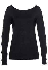 Sweter z wycięciami bonprix czarny. Kolor: czarny. Wzór: aplikacja. Styl: elegancki #1