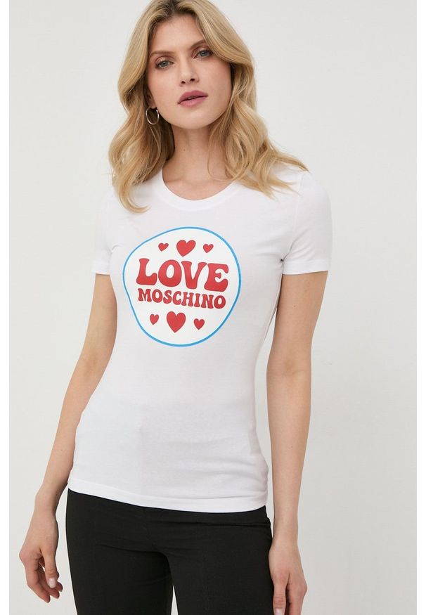 Love Moschino t-shirt damski kolor biały. Kolor: biały. Wzór: nadruk