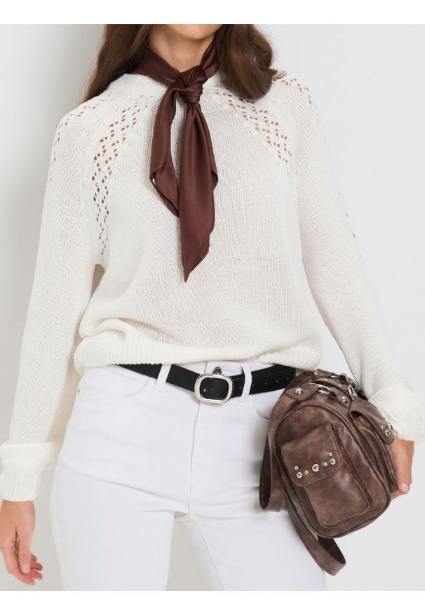 Sinsay - Ażurowy sweter - kremowy. Kolor: kremowy. Wzór: ażurowy