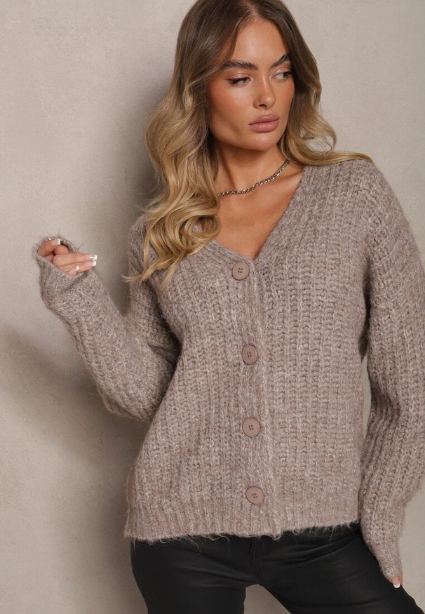 Renee - Beżowy Rozpinany Kardigan z Wełną i Ściągaczami przy Rękawach Ciarella. Kolor: beżowy. Materiał: wełna. Sezon: zima
