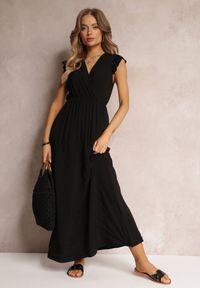 Renee - Czarna Wiskozowa Sukienka z Gumką w Pasie i Kopertowym Dekoltem Hyasine. Typ kołnierza: dekolt kopertowy. Kolor: czarny. Materiał: wiskoza. Sezon: wiosna, lato. Typ sukienki: kopertowe. Długość: maxi #1