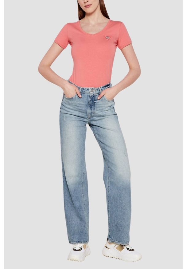 Guess - GUESS Różowy damski t-shirt Mini Triangle, Rozmiar XS. Kolor: różowy