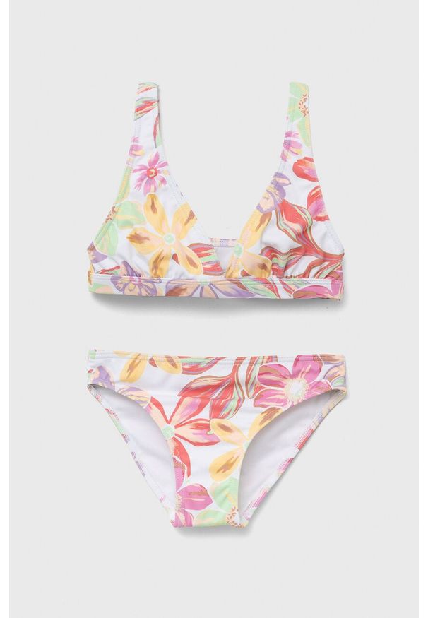 Roxy dwuczęściowy strój kąpielowy dziecięcy kolor biały. Kolor: biały. Materiał: poliester, dzianina. Rodzaj stanika: odpinane ramiączka