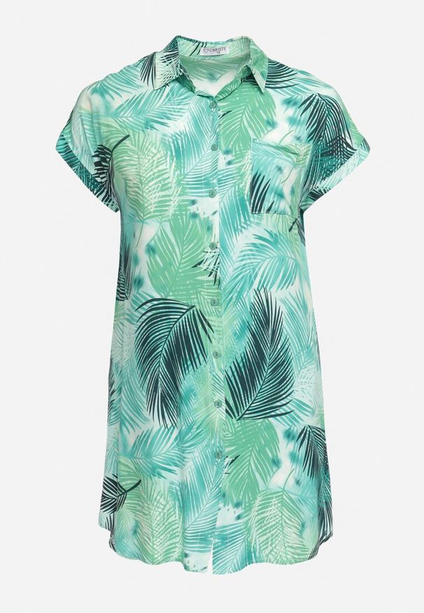 Born2be - Zielona Wiskozowa Tunika o Koszulowym Fasonie Lekko Asymetryczna Stoccia. Okazja: na co dzień. Kolor: zielony. Materiał: wiskoza. Styl: klasyczny, elegancki, casual