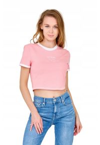 Guess - GUESS Różowy damski crop top, Rozmiar L. Kolor: różowy. Materiał: bawełna. Długość: krótkie #4