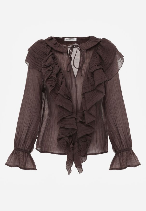 Born2be - Brązowa Bluzka z Lyocellem Ozdobiona Falbanami i Wiązaniem Esathra. Okazja: na co dzień. Kolor: brązowy. Materiał: jeans. Wzór: aplikacja. Styl: casual, elegancki