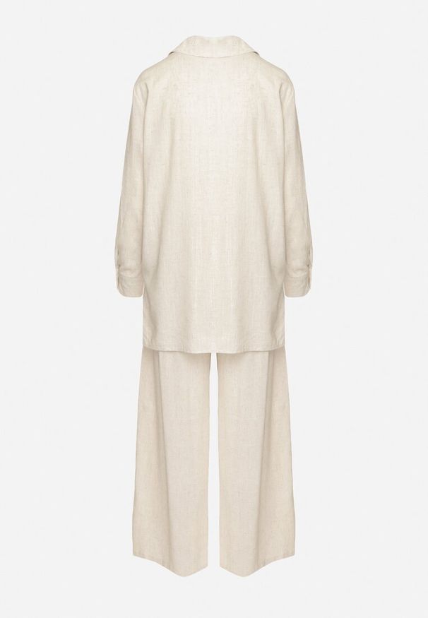 Born2be - Jasnobeżowy Komplet z Wiskozy Koszula na Guziki Szerokie Spodnie z Gumką w Pasie Tinasiam. Kolor: beżowy. Materiał: wiskoza