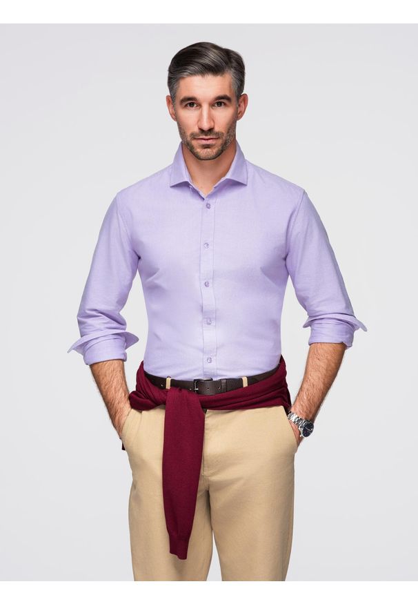 Ombre Clothing - Bawełniana męska pastelowa koszula typu oxford – lawendowa V2 - Rozmiar: L. Kolor: fioletowy. Materiał: bawełna. Wzór: ze splotem, aplikacja. Styl: elegancki, klasyczny