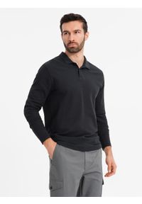 Ombre Clothing - Longsleeve męski z kołnierzykiem polo BASIC – czarny V2 - Rozmiar: XXL. Okazja: do pracy, na co dzień. Typ kołnierza: polo. Kolor: czarny. Materiał: bawełna, dzianina. Długość rękawa: długi rękaw. Wzór: ze splotem. Styl: casual, elegancki