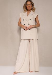 Renee - Beżowe Spodnie Garniturowe o Szerokim Kroju High Waist Peavelle. Stan: podwyższony. Kolor: beżowy. Styl: klasyczny, elegancki