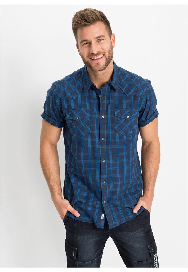 bonprix - Koszula z krótkim rękawem, z czystej bawełny. Kolor: niebieski. Materiał: bawełna. Długość rękawa: krótki rękaw. Długość: krótkie. Styl: klasyczny