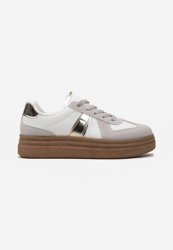 Renee - Szaro-Białe Sneakersy na Grubej Podeszwie z Ozdobnymi Przeszyciami Ysdole. Kolor: biały. Materiał: materiał. Obcas: na platformie