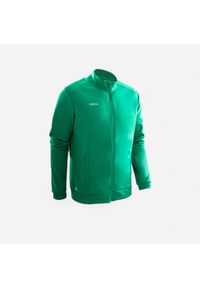 KIPSTA - Bluza piłkarska treningowa Kipsta Essential. Typ kołnierza: komin. Kolor: zielony. Materiał: tkanina, materiał, elastan, poliester, prążkowany. Sport: piłka nożna