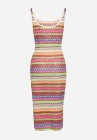 Born2be - Różowo-Pomarańczowa Dopasowana Sukienka Midi na Ramiączkach z Elastycznej Dzianiny Dempnia. Kolor: różowy. Materiał: dzianina. Długość rękawa: na ramiączkach. Długość: midi #5